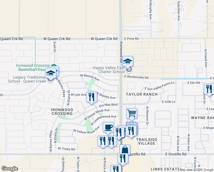 map of restaurants, bars, coffee shops, grocery stores, and more near 216 West Reeves Avenue in Queen Creek