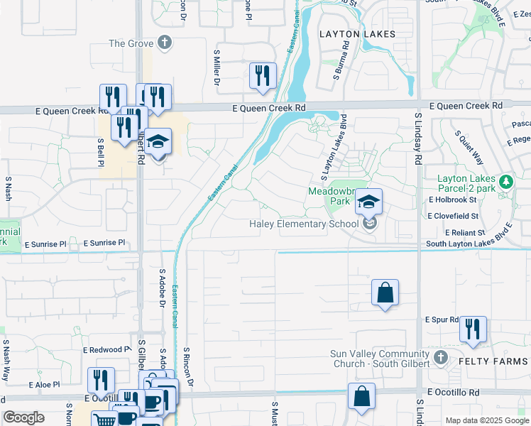 map of restaurants, bars, coffee shops, grocery stores, and more near 3517 East Balsam Drive in Chandler