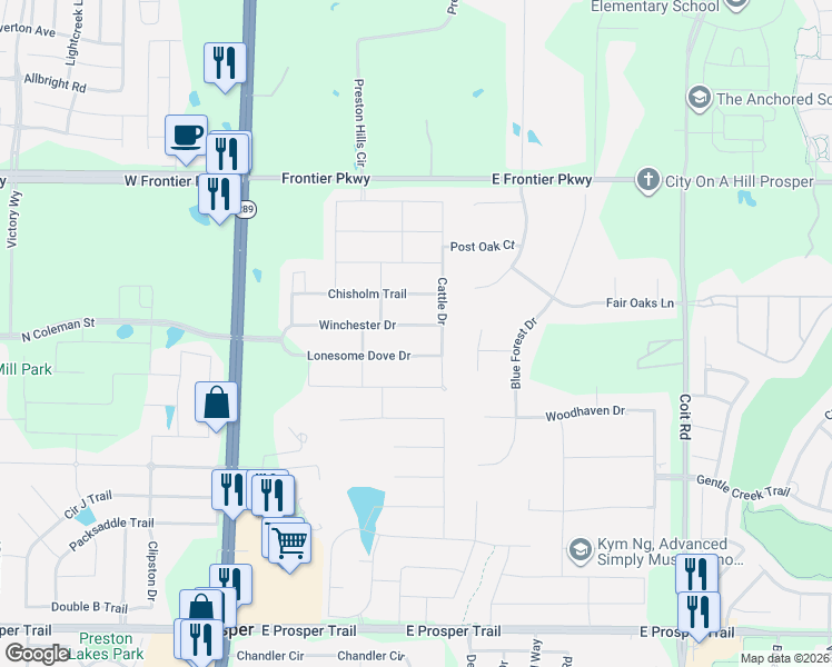 map of restaurants, bars, coffee shops, grocery stores, and more near 1750 Winchester Drive in Prosper