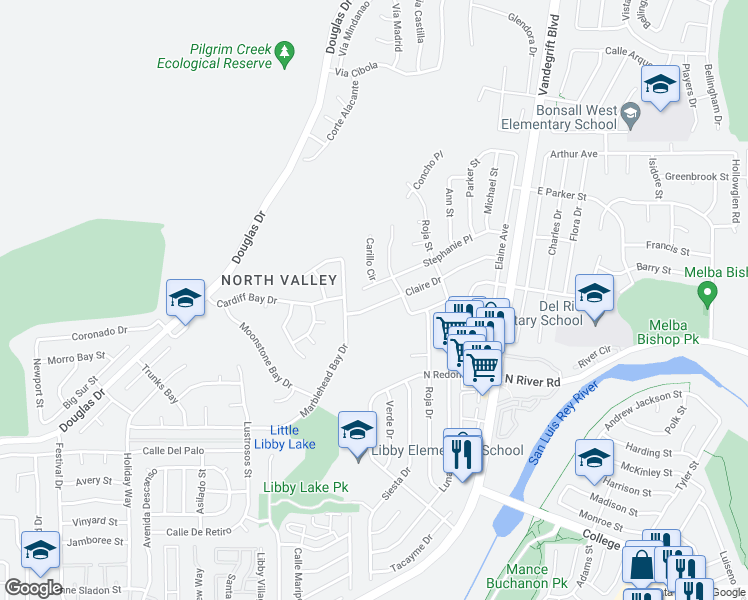 map of restaurants, bars, coffee shops, grocery stores, and more near 4791 Stephanie Place in Oceanside