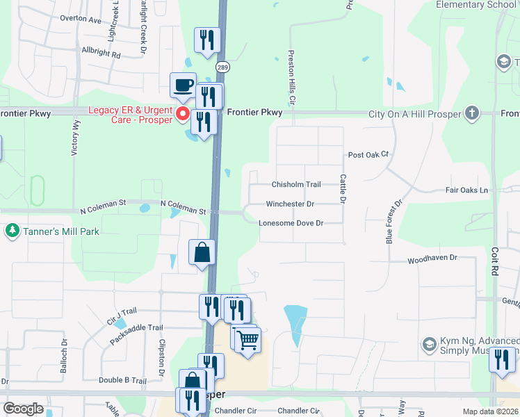 map of restaurants, bars, coffee shops, grocery stores, and more near 1521 Winchester Drive in Prosper