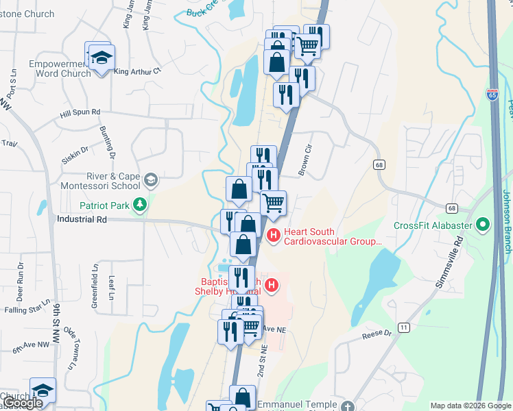map of restaurants, bars, coffee shops, grocery stores, and more near 1205 1st Street North in Alabaster