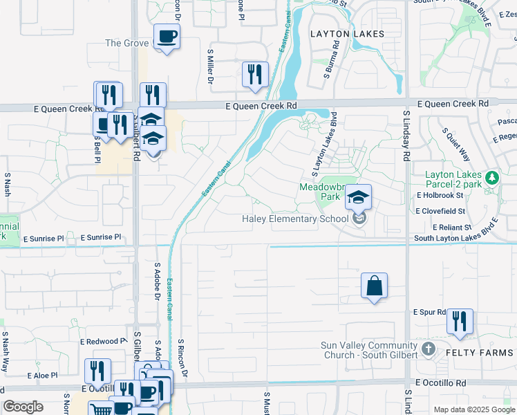map of restaurants, bars, coffee shops, grocery stores, and more near 3517 East Balsam Drive in Chandler