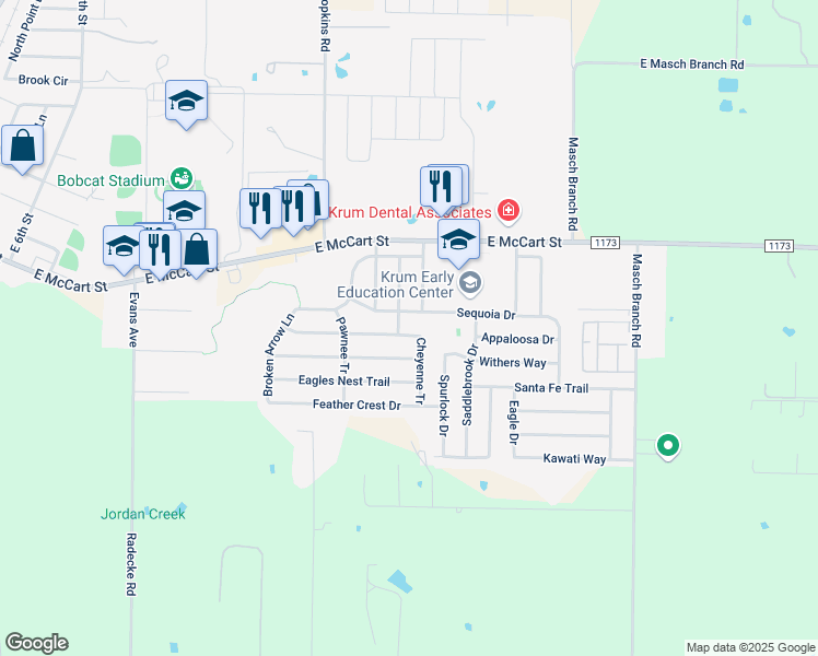 map of restaurants, bars, coffee shops, grocery stores, and more near 203 Comanche Trail in Krum