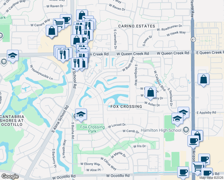 map of restaurants, bars, coffee shops, grocery stores, and more near 775 West Desert Broom Drive in Chandler