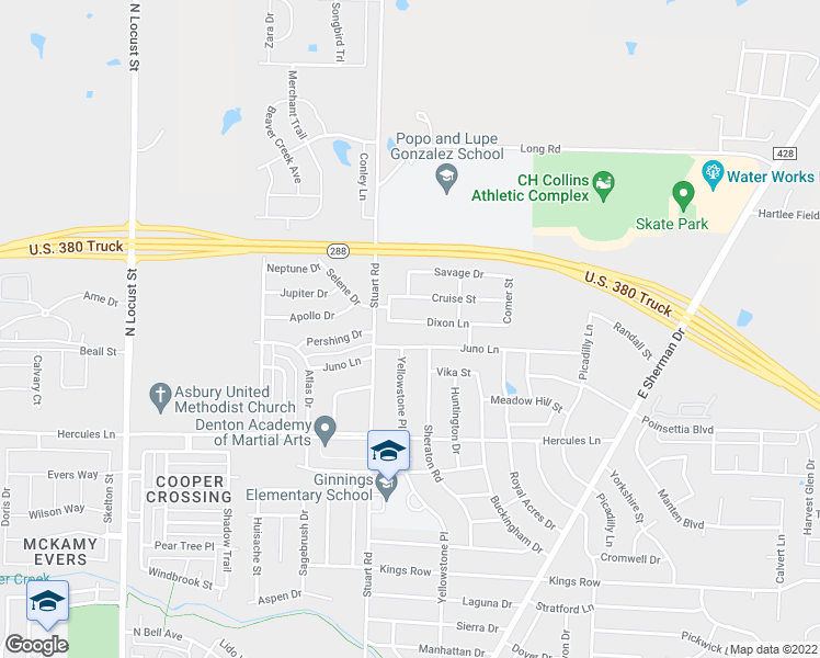 map of restaurants, bars, coffee shops, grocery stores, and more near 821 Dixon Lane in Denton