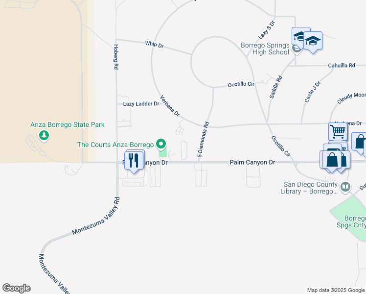 map of restaurants, bars, coffee shops, grocery stores, and more near 330 Palm Canyon Drive in Borrego Springs