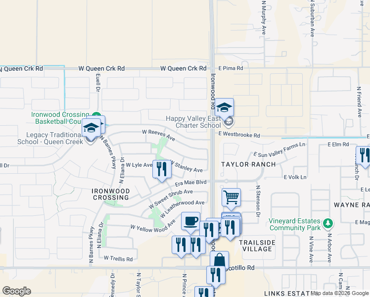 map of restaurants, bars, coffee shops, grocery stores, and more near 216 West Reeves Avenue in Queen Creek