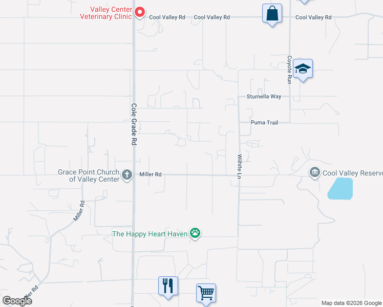 map of restaurants, bars, coffee shops, grocery stores, and more near 30368 Miller Road in Valley Center