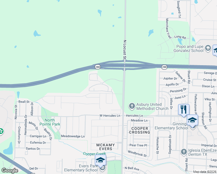 map of restaurants, bars, coffee shops, grocery stores, and more near 401 Ame Drive in Denton