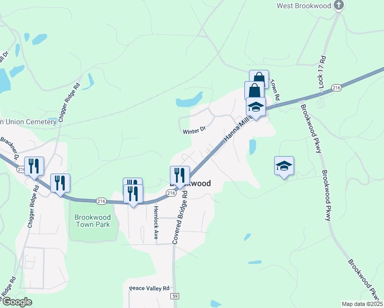map of restaurants, bars, coffee shops, grocery stores, and more near 12175 Cougar Drive in Brookwood