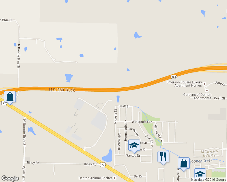 map of restaurants, bars, coffee shops, grocery stores, and more near Highway 288 Loop in Denton