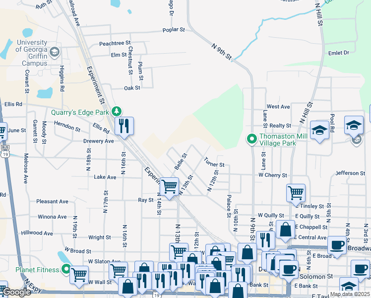 map of restaurants, bars, coffee shops, grocery stores, and more near 517 Belle Street in Griffin