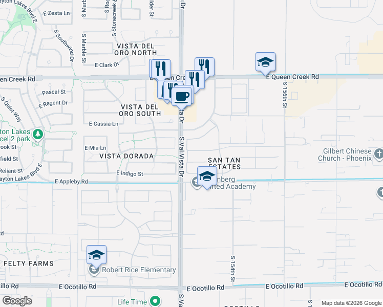 map of restaurants, bars, coffee shops, grocery stores, and more near 1644 East Mia Lane in Gilbert