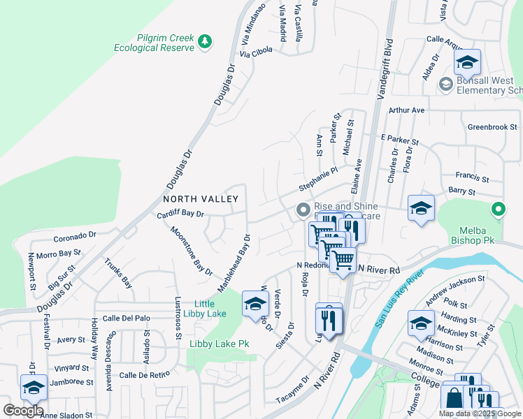 map of restaurants, bars, coffee shops, grocery stores, and more near 4791 Stephanie Place in Oceanside