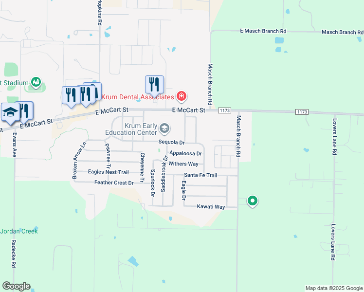 map of restaurants, bars, coffee shops, grocery stores, and more near 1610 Sequoia Drive in Krum
