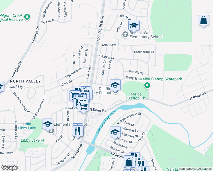 map of restaurants, bars, coffee shops, grocery stores, and more near Gold Dr & Flora Dr in Oceanside