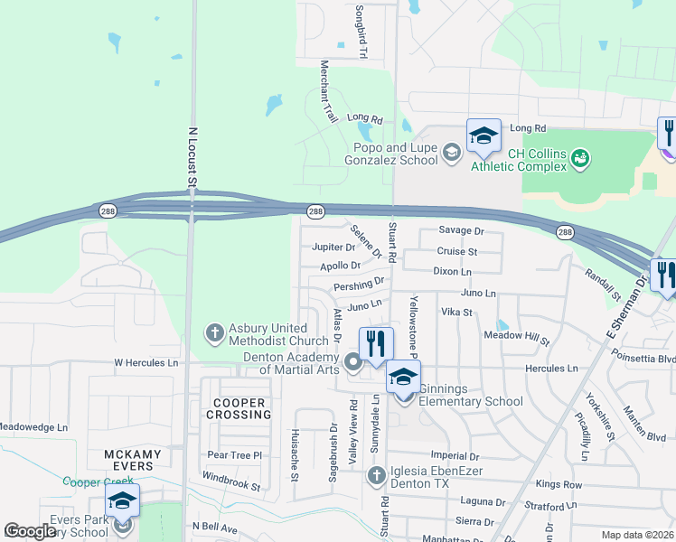 map of restaurants, bars, coffee shops, grocery stores, and more near 600 Apollo Drive in Denton