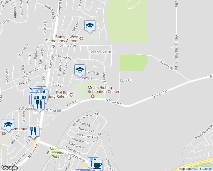 map of restaurants, bars, coffee shops, grocery stores, and more near 5322 Leon Street in Oceanside