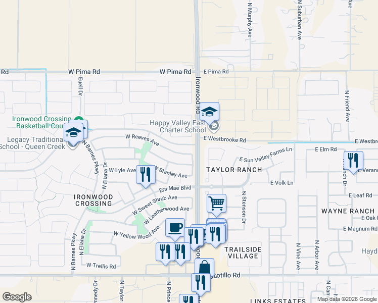 map of restaurants, bars, coffee shops, grocery stores, and more near 72 West Reeves Avenue in Queen Creek