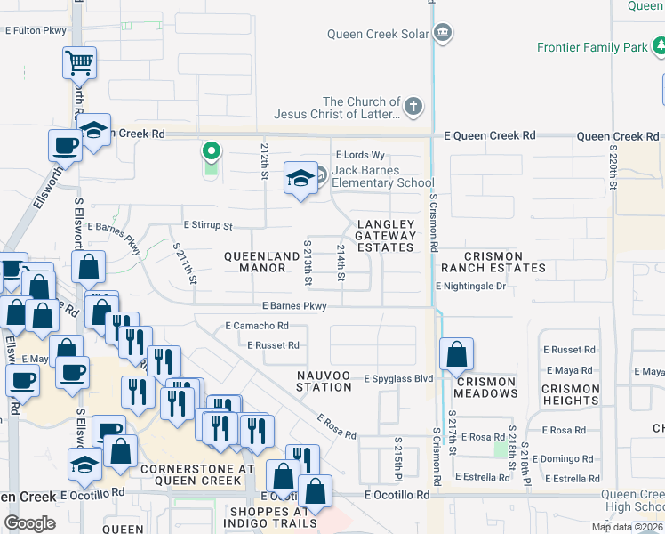 map of restaurants, bars, coffee shops, grocery stores, and more near 21383 East Twin Acres Drive in Queen Creek
