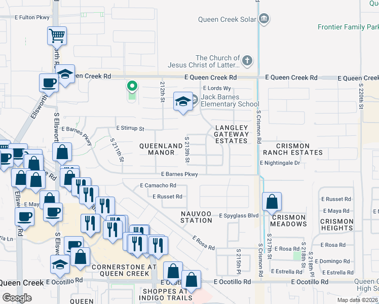 map of restaurants, bars, coffee shops, grocery stores, and more near 20966 South 213th Street in Queen Creek