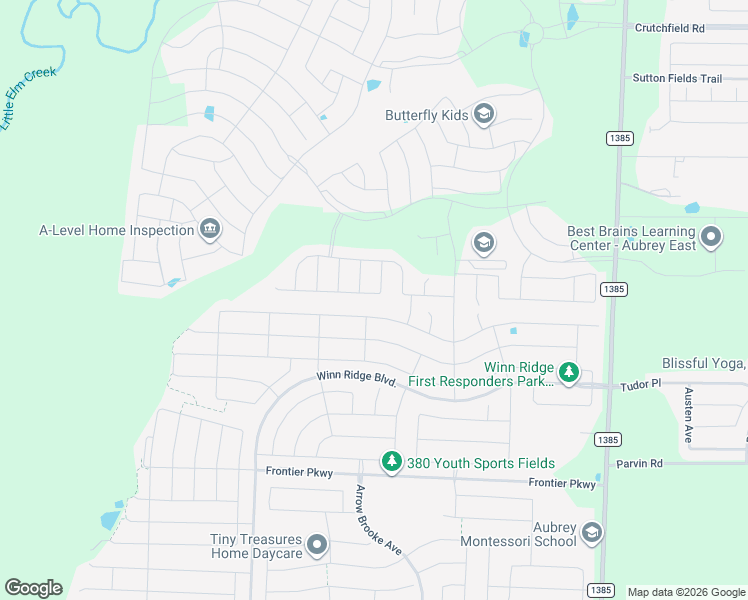 map of restaurants, bars, coffee shops, grocery stores, and more near 1308 Friesian Lane in Aubrey