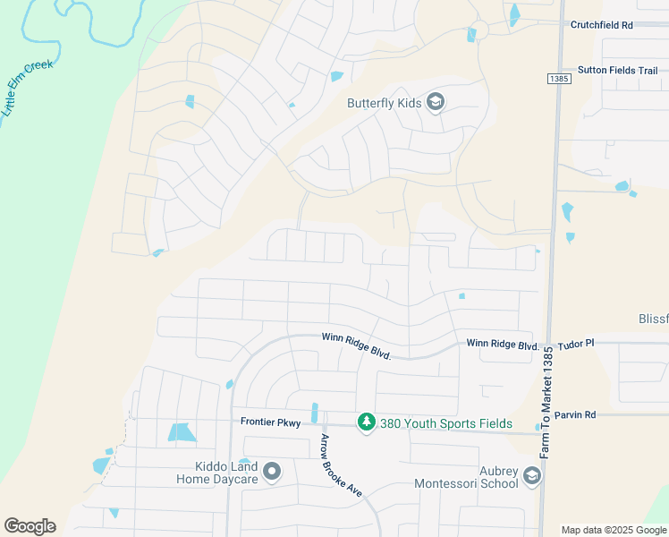 map of restaurants, bars, coffee shops, grocery stores, and more near 1308 Friesian Lane in Aubrey