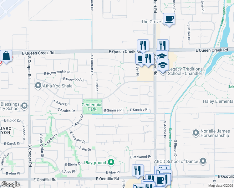 map of restaurants, bars, coffee shops, grocery stores, and more near 2720 East Azalea Drive in Chandler