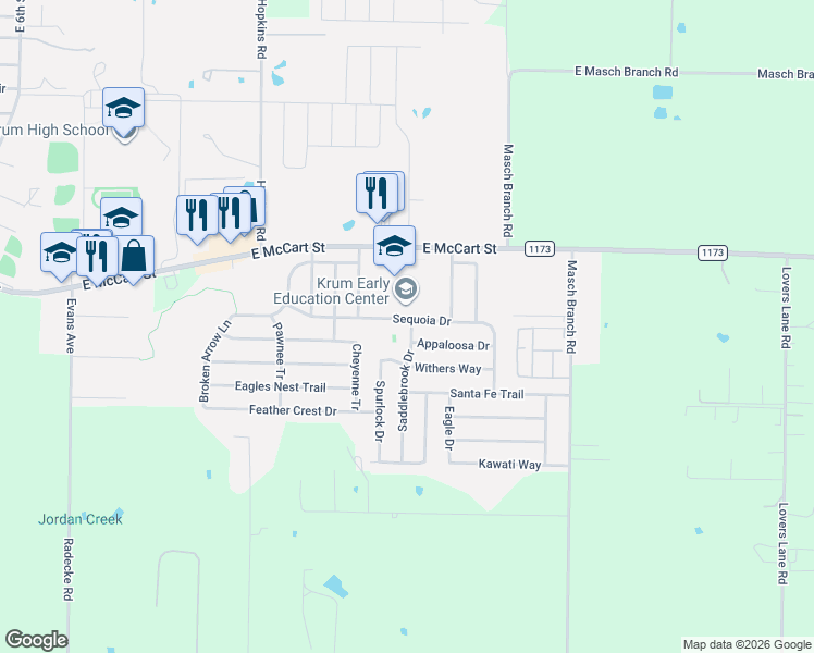 map of restaurants, bars, coffee shops, grocery stores, and more near 1516 Sequoia Dr in Krum