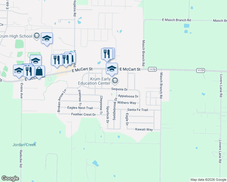 map of restaurants, bars, coffee shops, grocery stores, and more near 1516 Sequoia Drive in Krum