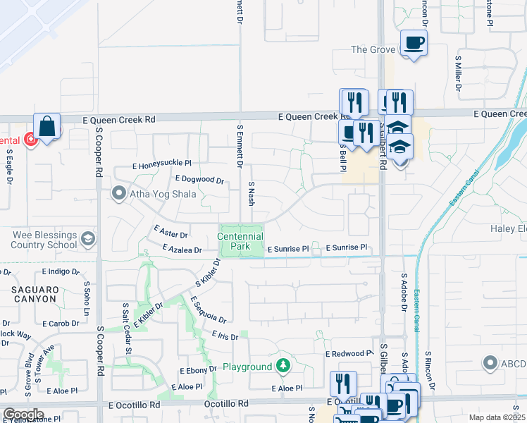 map of restaurants, bars, coffee shops, grocery stores, and more near 3365 East Balsam Drive in Chandler