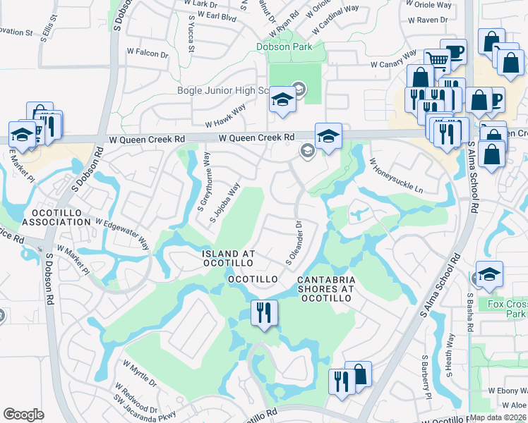 map of restaurants, bars, coffee shops, grocery stores, and more near 3200 South Ambrosia Drive in Chandler