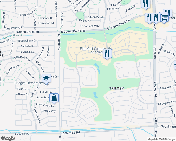 map of restaurants, bars, coffee shops, grocery stores, and more near 4266 East Mia Lane in Gilbert