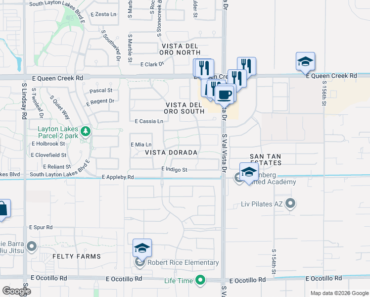 map of restaurants, bars, coffee shops, grocery stores, and more near 1437 East Mia Lane in Gilbert