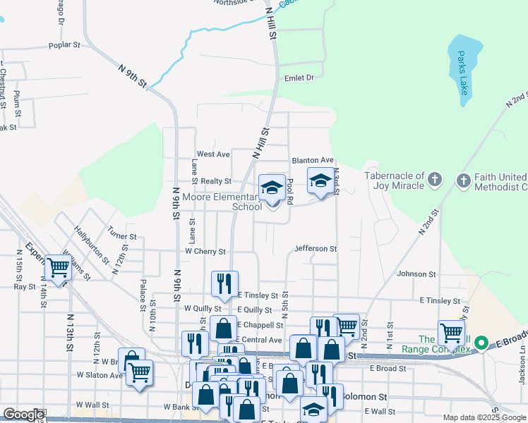 map of restaurants, bars, coffee shops, grocery stores, and more near 201 Cabin Creek Drive in Griffin