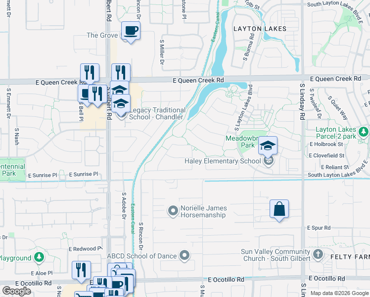 map of restaurants, bars, coffee shops, grocery stores, and more near 3365 East Balsam Drive in Chandler
