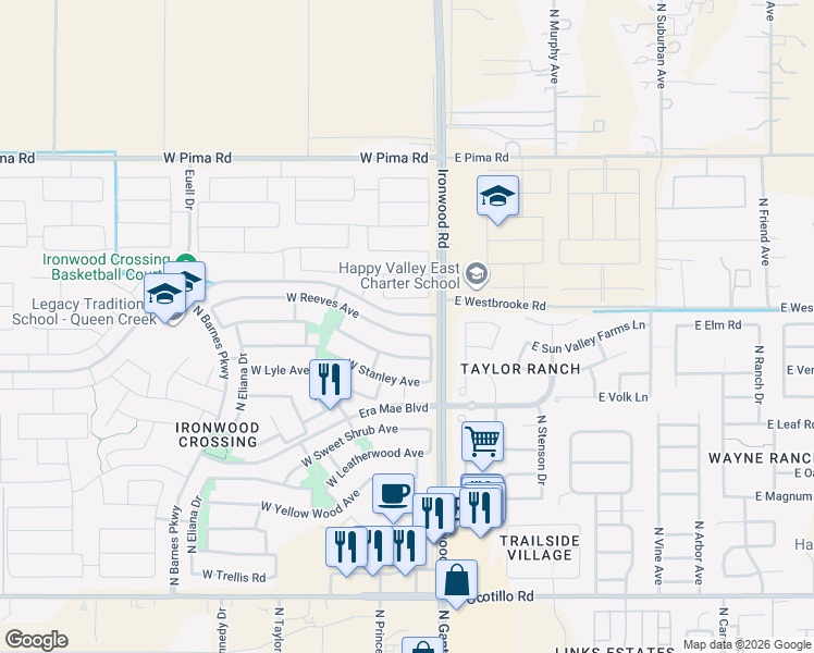 map of restaurants, bars, coffee shops, grocery stores, and more near 72 West Reeves Avenue in Queen Creek