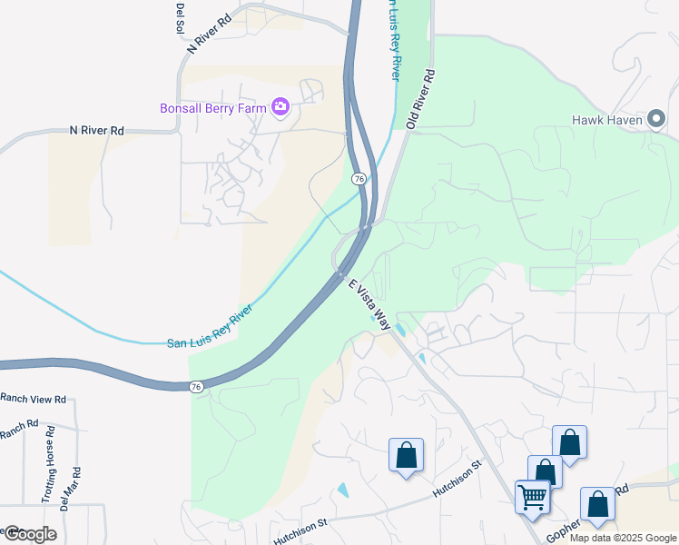 map of restaurants, bars, coffee shops, grocery stores, and more near Hwy 76 & E Vista Way in San Diego