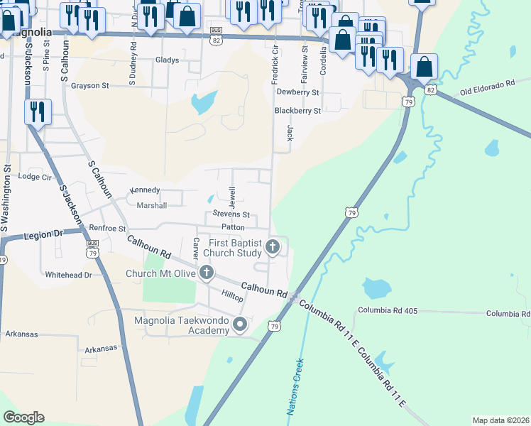 map of restaurants, bars, coffee shops, grocery stores, and more near 1105 South Fredrick in Magnolia