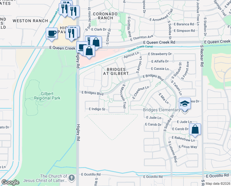 map of restaurants, bars, coffee shops, grocery stores, and more near 3446 East Mia Court in Gilbert