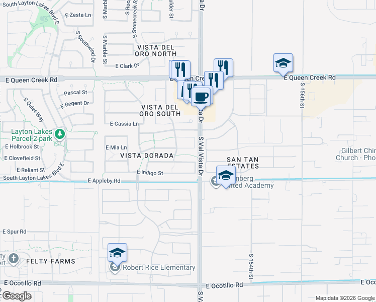 map of restaurants, bars, coffee shops, grocery stores, and more near 1553 East Mia Lane in Gilbert