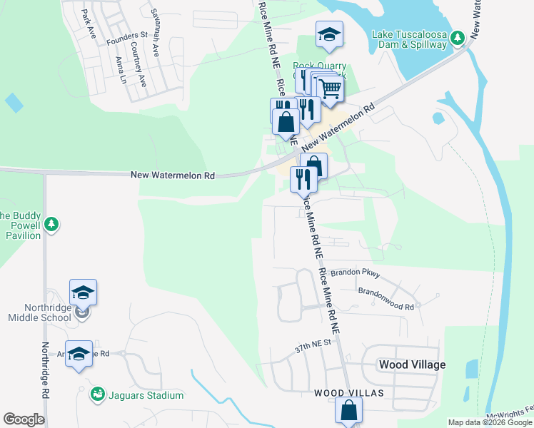 map of restaurants, bars, coffee shops, grocery stores, and more near 1601 Cedarbrook Drive in Tuscaloosa