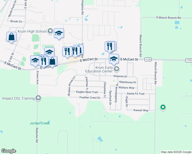 map of restaurants, bars, coffee shops, grocery stores, and more near 1404 Sequoia Drive in Krum
