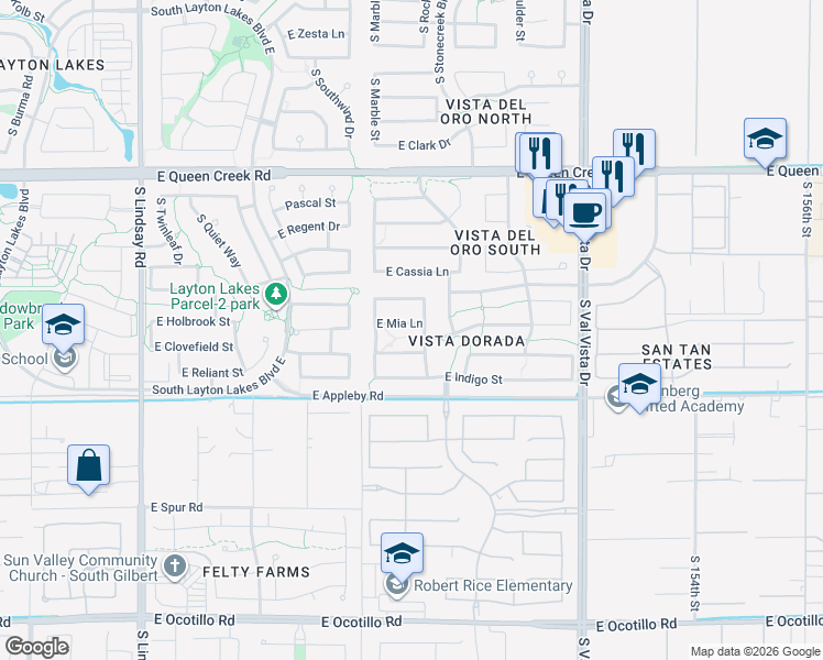 map of restaurants, bars, coffee shops, grocery stores, and more near 1293 East Mia Lane in Gilbert