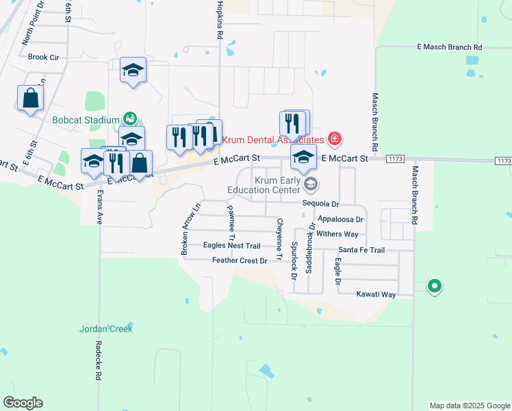 map of restaurants, bars, coffee shops, grocery stores, and more near 203 Comanche Trail in Krum