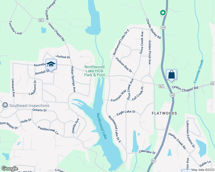map of restaurants, bars, coffee shops, grocery stores, and more near 5210 Northwood Lake Drive East in Northport