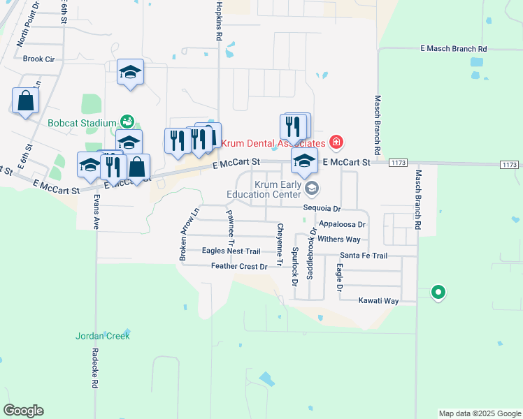 map of restaurants, bars, coffee shops, grocery stores, and more near 203 Comanche Trail in Krum