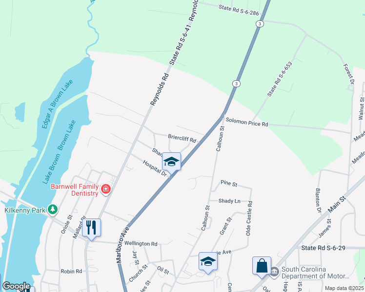map of restaurants, bars, coffee shops, grocery stores, and more near 110 Allison Drive in Barnwell