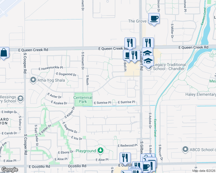 map of restaurants, bars, coffee shops, grocery stores, and more near 2739 East Balsam Drive in Chandler